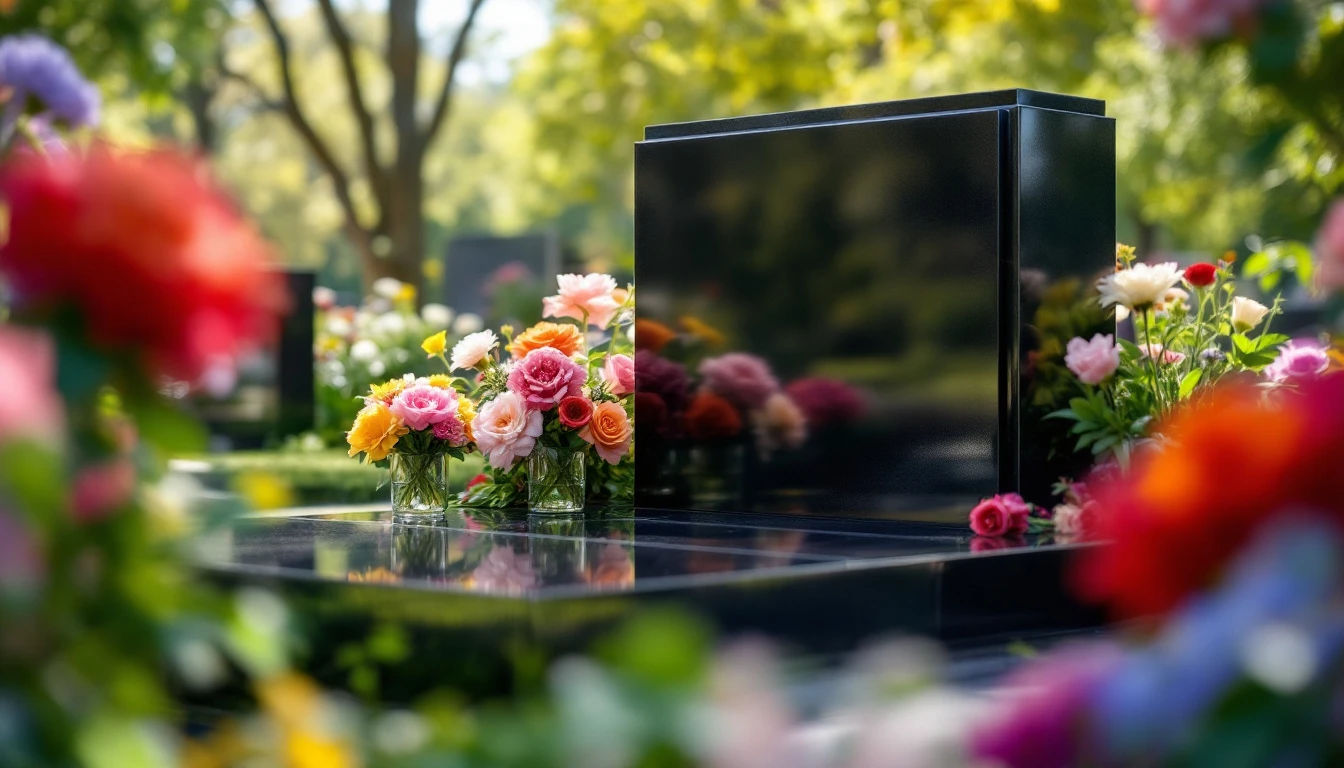 A beautifully kept, elaborate family memorial dressed with flowers in a South London cemetery