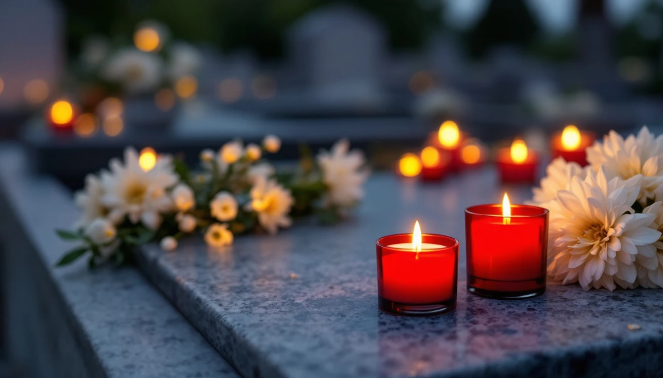 A Catholic grave dressed with candles and chrysanthemums for All Souls’ Day in a London cemetery